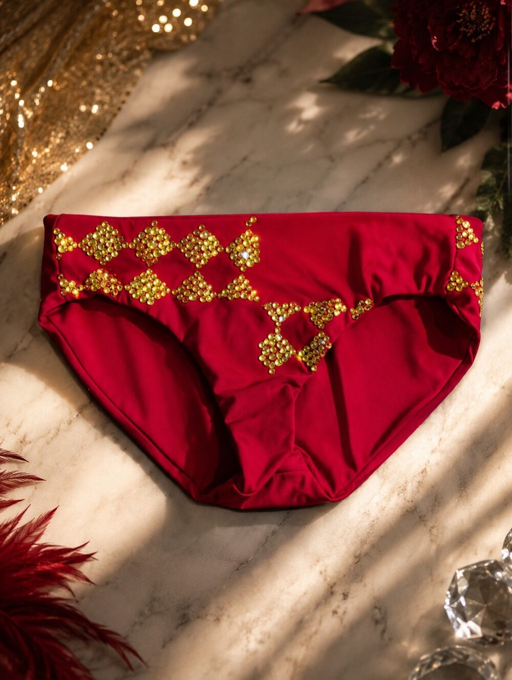 HROINE Red Rhinestone Embellished Dance Bottoms Competition Costume M